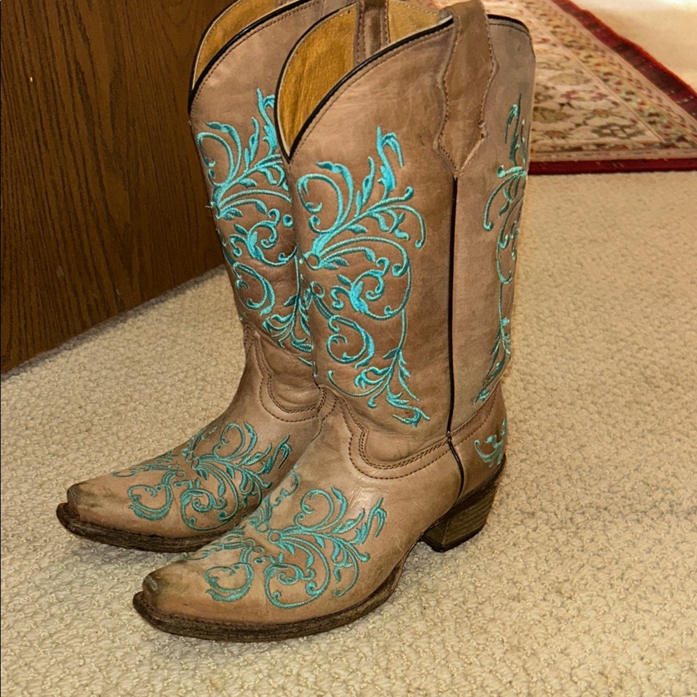 Corral Brown and Teal Embroidered Heeled Boots
